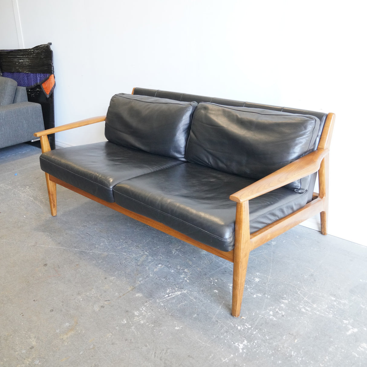 West Elm Mid-Century Leather Show Wood Sofa