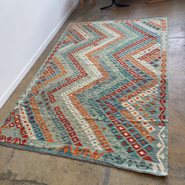 Swedish Handwoven Kilim "Saffron & Sea" Wool Rug – 101" x 66"