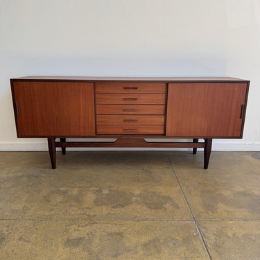 Danish Modern Teak Credenza with Sliding Doors and Five Drawers