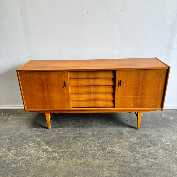 Danish Modern Sideboard Teak 5 drawer double sliding doors
