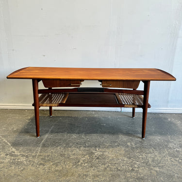 Danish Modern Teak Coffee Table Cane Shelf Rolled Edges 4 Storage Drawers
