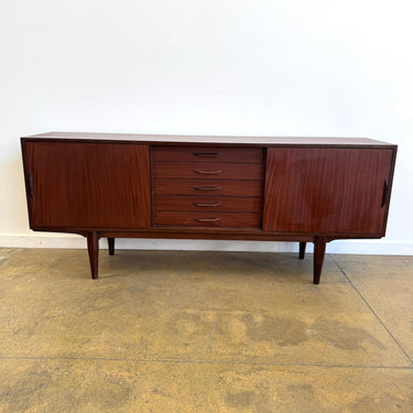 Danish Modern Teak Credenza with Sliding Doors and Five Drawers