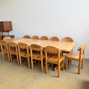 Vintage Rainer Daumiller Style XL Solid Pine 12 Dining Chairs + Expandable Table Set