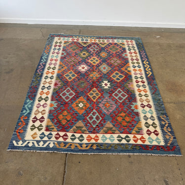 Swedish Handwoven Wool Kilim Rug – Geometric Multicolor – 95.5" x 70.75"