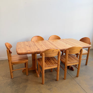 Vintage Rainer Daumiller Style Solid Pine 6 Dining Chairs + Expandable Table Set