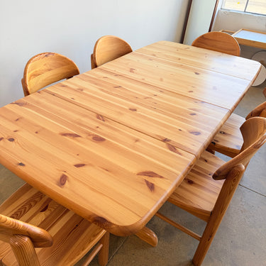 Vintage Rainer Daumiller Style Solid Pine 6 Dining Chairs + Expandable Table Set