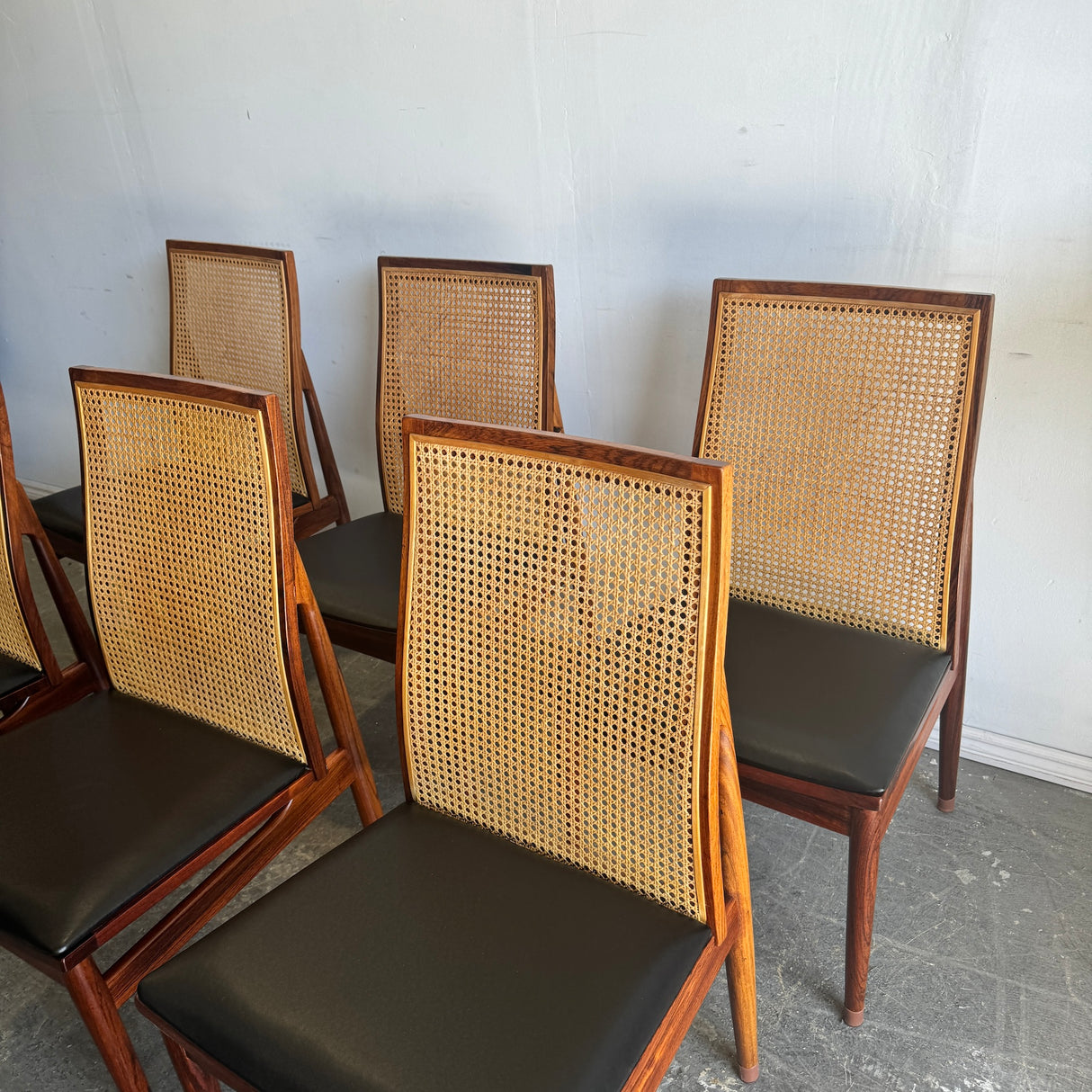 Danish Modern Set of 6 Rosewood, Cane Dining Chairs by Dyrlund