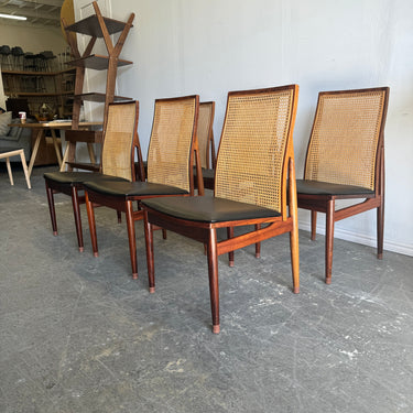 Danish Modern Set of 6 Rosewood, Cane Dining Chairs by Dyrlund