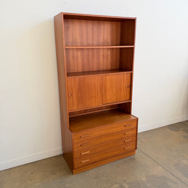 Danish Modern Teak Bookshelf Cabinet with Sliding Doors and Five Drawers