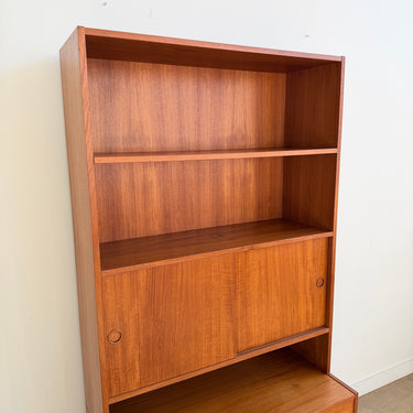 Danish Modern Teak Bookshelf Cabinet with Sliding Doors and Five Drawers