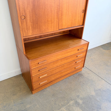 Danish Modern Teak Bookshelf Cabinet with Sliding Doors and Five Drawers