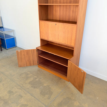 Danish Modern Teak Bookshelf Cabinet with Sliding Doors and Five Drawers
