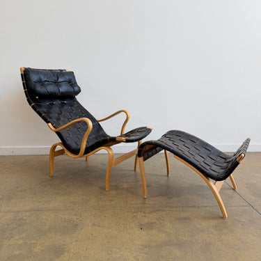 Rare! Bruno Mathsson “Pernilla” Leather Webbing Armchair & Ottoman for Karl Mathsson 1973