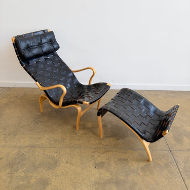 Rare! Bruno Mathsson “Pernilla” Leather Webbing Armchair & Ottoman for Karl Mathsson 1973