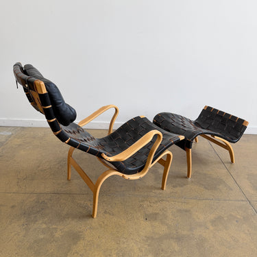 Rare! Bruno Mathsson “Pernilla” Leather Webbing Armchair & Ottoman for Karl Mathsson 1973