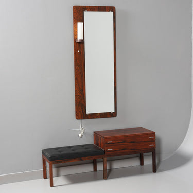 Danish Modern Fröseke  Rosewood Entryway Bench with Storage and Tall Mirror