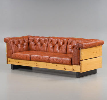 Vintage Norway Jan Erik Lindgren Leather & Pine Wood Sofa for Ekornes 1970s