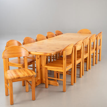 Vintage Rainer Daumiller Style XL Solid Pine 12 Dining Chairs + Expandable Table Set, 1970s