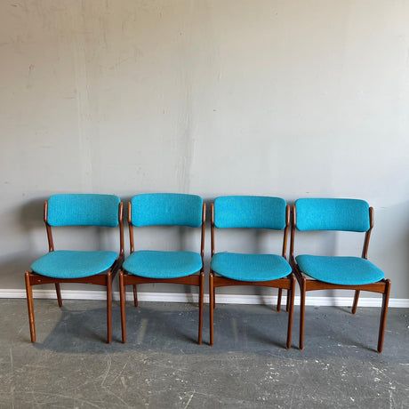Danish set of 4 dinings chairs in teak and blue fabric, Erik BUCH - 1960s - enliven mart