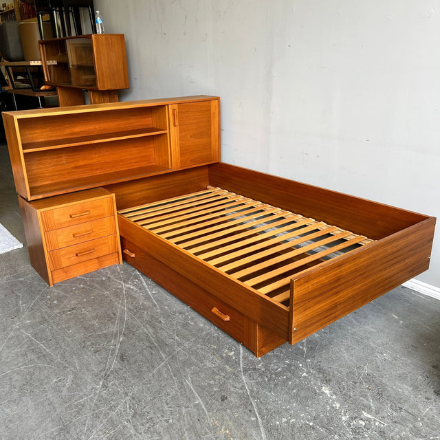 Danish Teak Mid century modern Twin bed with shelf built in and pullout storage - enliven mart